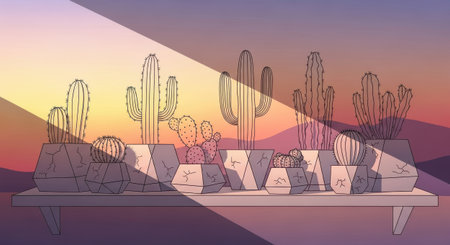 Illustration of cacti in pots on the table. Vector illustration.の素材