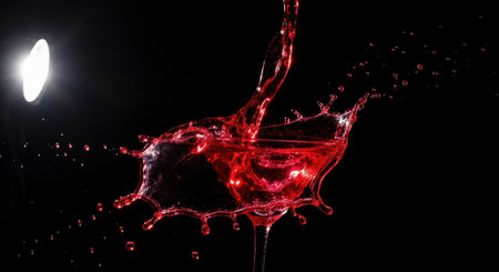 Red wine splashing out of a glass, isolated on black backgroundの素材