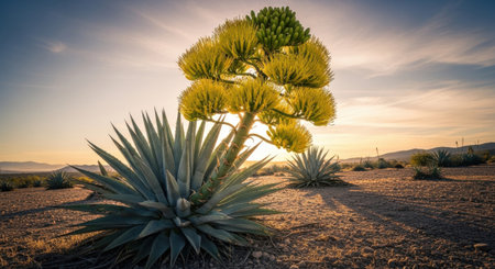 Agave americana in the desert at sunsetの素材