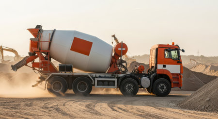 Concrete mixer truck with concrete mixer on the road construction site.の素材