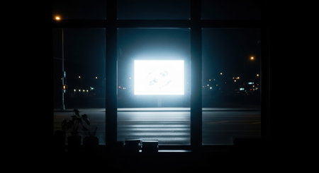 Night city view through the window. Silhouette of a man standing in front of the window at night.の素材