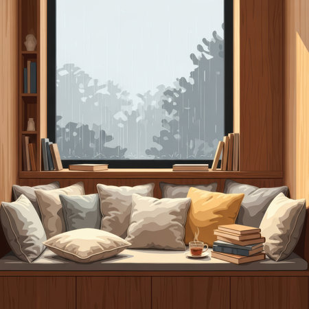 Illustration of a living room interior with a sofa and a bookcaseの素材