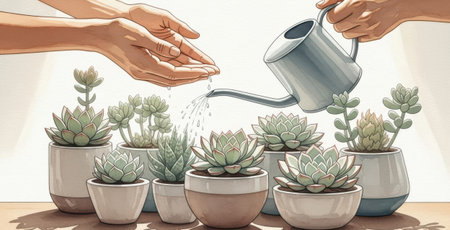 Watering the succulent plant in the pot with hand holding watering canの素材