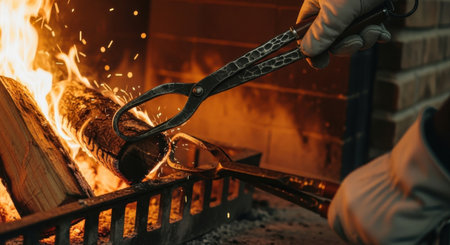 Close-up of a man's hand in a white glove holding tongs in front of a fireの素材