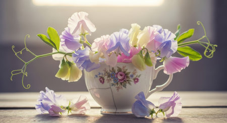 Bouquet of sweet pea flowers in vase on wooden table.の素材