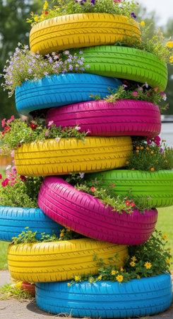 Colorful tires stacked on top of each other in a flower gardenの素材