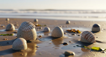 Seashells on the beach in the early morning. Selective focus.の素材