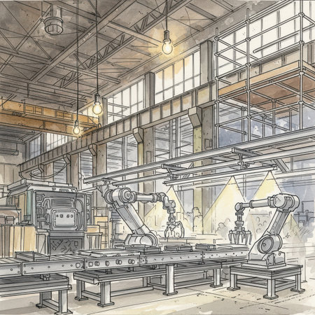 Hand drawn industrial robot arm in factory interior. Vector illustration sketch.の素材