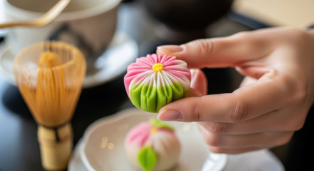 Close up of woman hand holding a steamed dumpling, Japanese dessertの素材