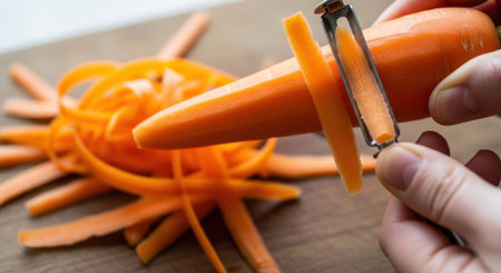 Close up of woman's hands peeling carrot with peeler.の素材