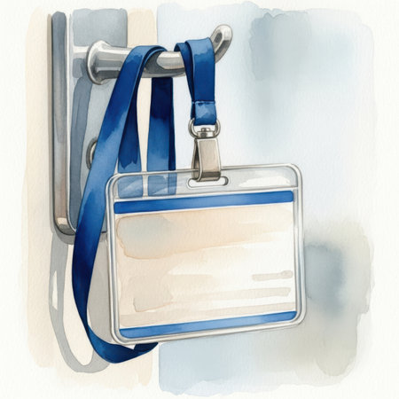 Illustration of a blue name tag hanging on a door handle.の素材