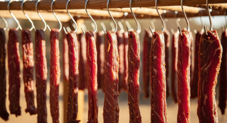 sausage hanging on the rack in the market, close upの素材