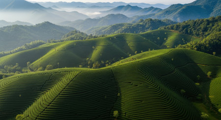 Lush green terraced hills with misty mountains and contour farming in soft sunlightの素材