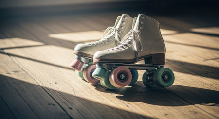 Close up of vintage roller skates on wooden floor with copy spaceの素材