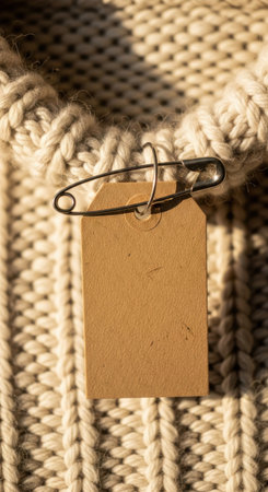 Blank tag on knitted background with copy space.の素材