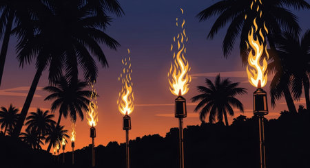 Burning torch on the background of palm trees. Vector illustration.の素材