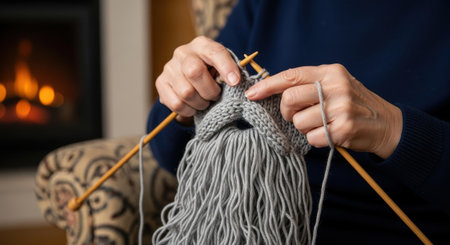 Closeup of woman hands knitting wool with knitting needles at home.の素材