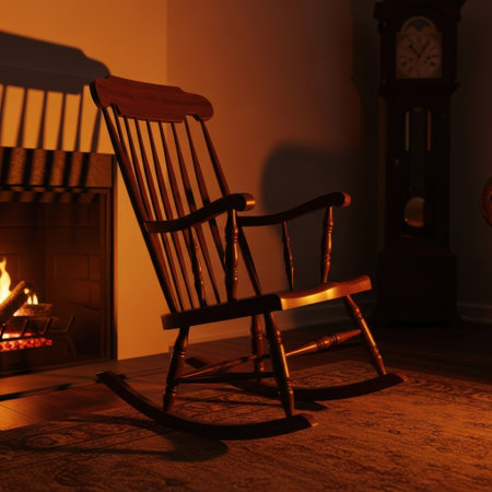 Wooden rocking chair in front of the fireplace at night in the eveningの素材