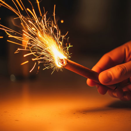 Burning sparkler in the hand of a man with a lighterの素材