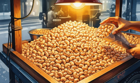 Coffee shop counter with a lot of cashew nuts.の素材