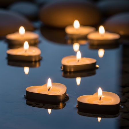 Floating heart-shaped tealight candles on reflective water with smooth stonesの素材