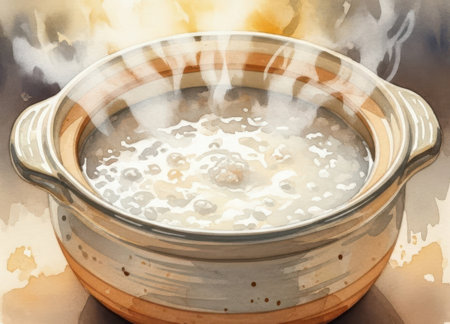 Illustration of Chinese porridge in a pot on a white backgroundの素材