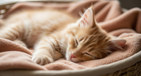 Cute ginger kitten sleeping on soft blanket in basket, closeupの素材