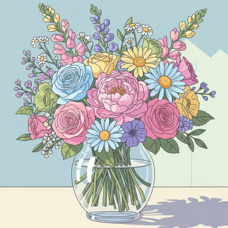 Bouquet of flowers in a glass vase. Vector illustration.の素材