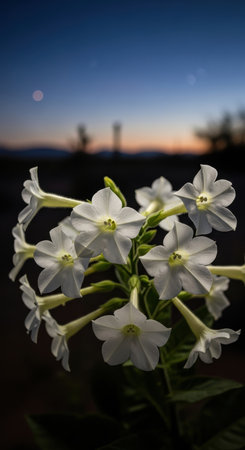 Beautiful white flowers blooming on the background of the night skyの素材