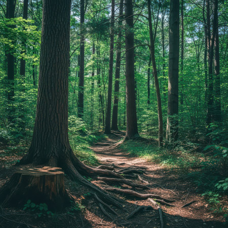 Path in the green forest with old tree trunksの素材