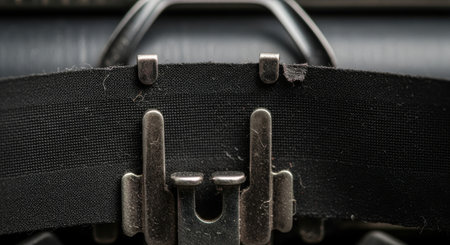 Close-up of a black belt on a black leather case.の素材