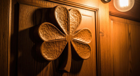 Wooden door with four-leaf clover, close-upの素材