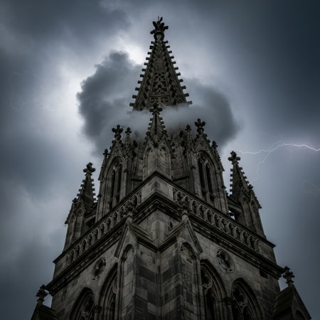 Gothic tower silhouette under stormy sky with lightning and dramatic cloudsの素材