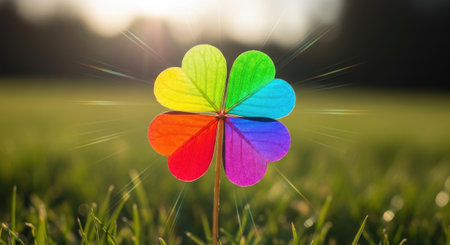 Radiant Rainbow Heart Petal Four Leaf Clover in Sunlit Meadow of Luck and Positivityの素材