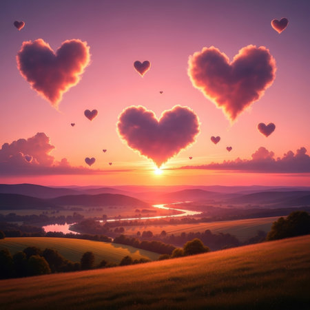 Valentine's day background with heart-shaped clouds in the skyの素材