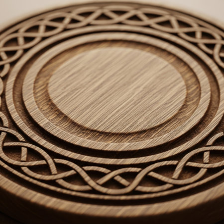 Wooden round plate with oriental pattern. Close-up.の素材