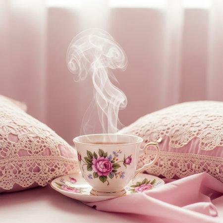 A cup of coffee and a saucer on a pink pillow.の素材