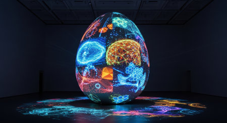 Easter egg with abstract network hologram.の素材