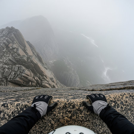 Hiker feet on top of a cliff with fog in the backgroundの素材