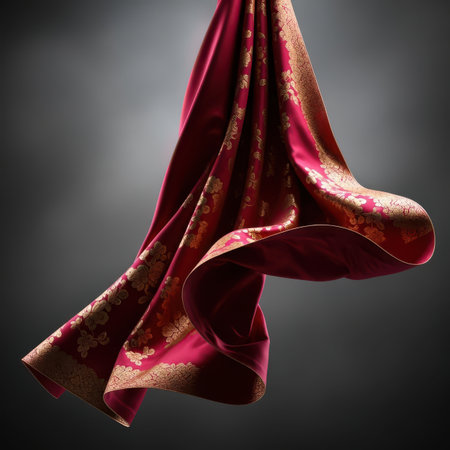 Curtain of red silk on a gray background.の素材