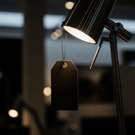 Blank black price tag hanging on a ceiling lamp in a modern officeの素材