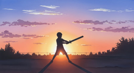 Silhouette of a man with a baseball bat in the sunsetの素材