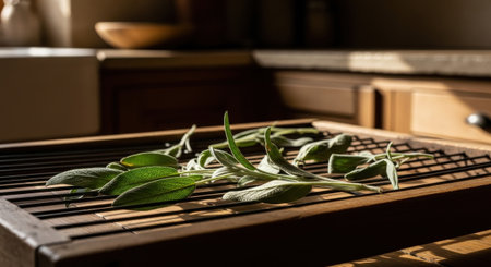 Sage leaves on a wooden table in a kitchen. Selective focus.の素材