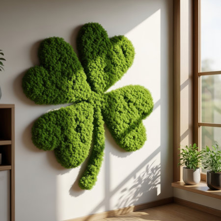 Green clover leaf on the wall in the room.の素材