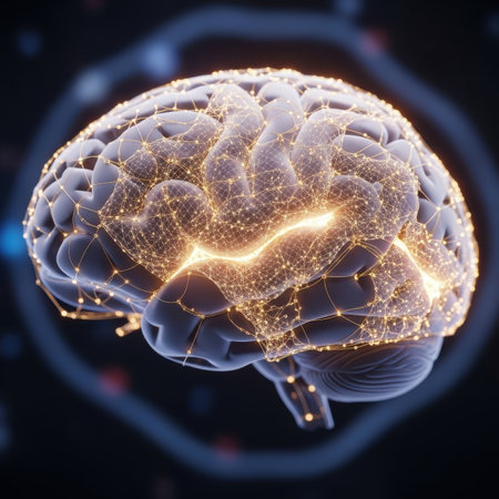 human brain with glowing lines on dark blue backgroundの素材