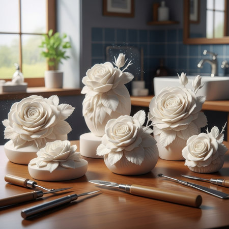 Bouquet of white roses on a wooden table in the kitchenの素材