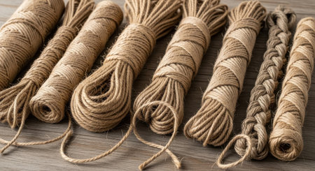 Rolls of rope on a wooden background. Close-up.の素材