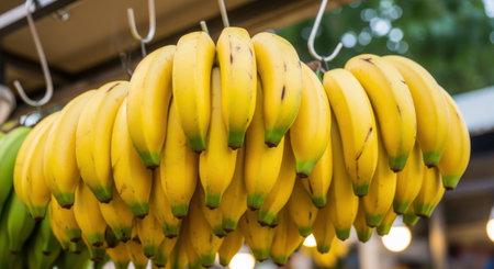 Bunch of bananas hanging on a tree in a market stall.の素材