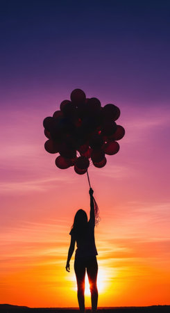 Young woman with balloons at sunset. Silhouette of a girl with balloons.の素材