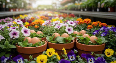 Colorful pansy flowers and eggs in pots in the garden.の素材